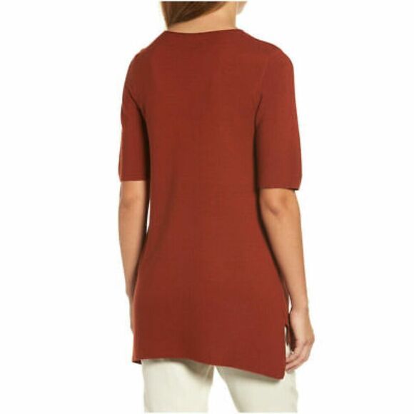 EILEEN FISHER Brick Red 100% Tencel Knit Drapey High Low Top Small Petite - Picture 4 of 10